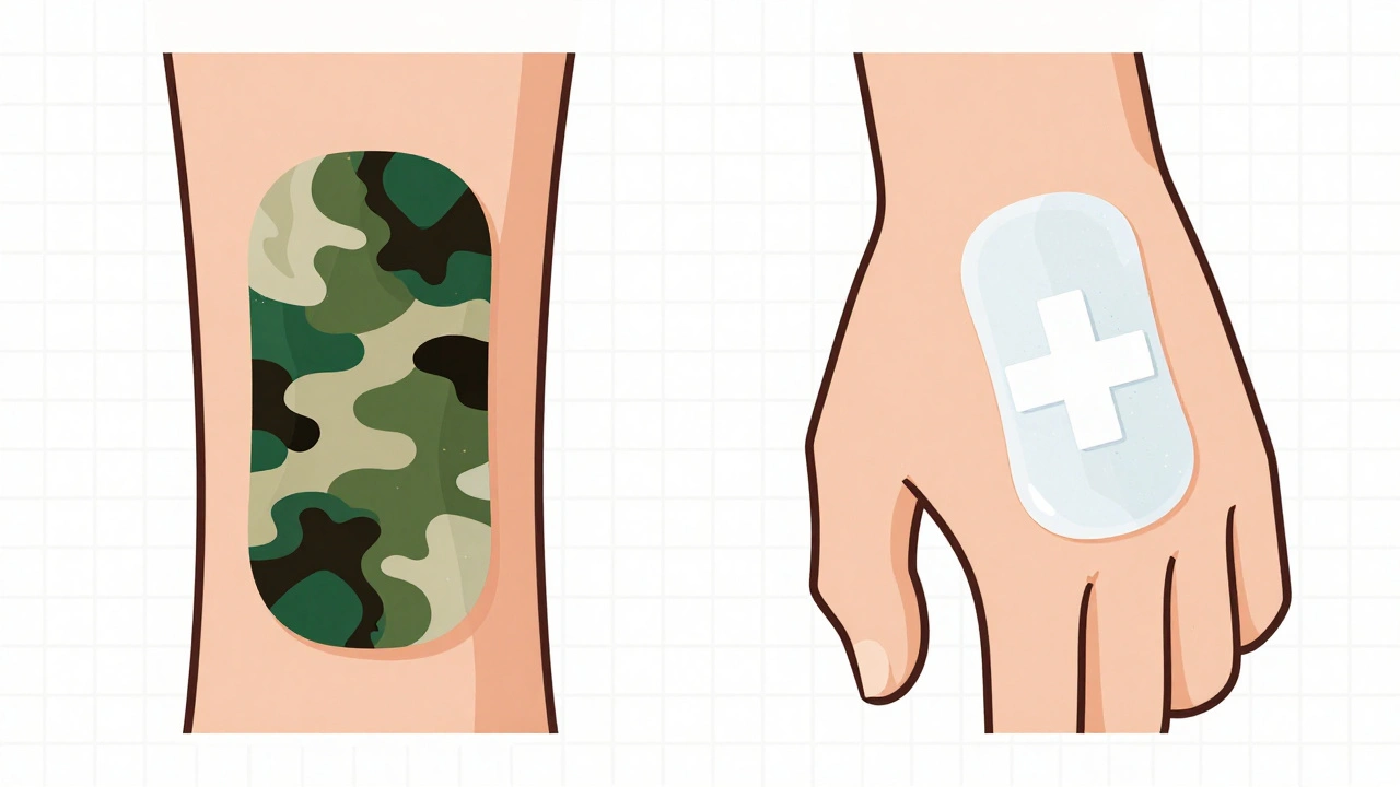 Side-by-side comparison of water-based and waterproof camouflage on skin.