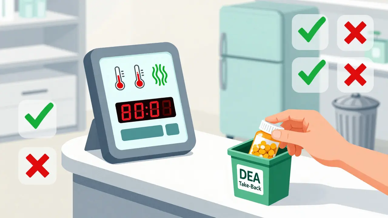 Smart packaging with dynamic expiration dates at pharmacy counter, next to recycling bin for safe disposal.