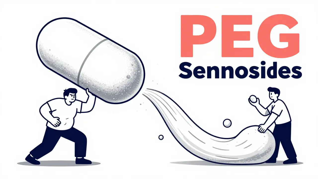 Split illustration: fiber pill blocking bowel vs. laxatives enabling smooth stool flow.