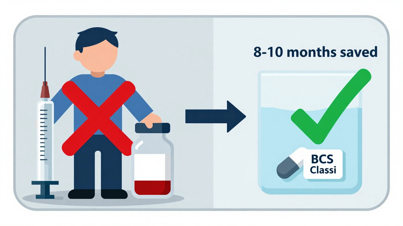 Split illustration: human testing rejected vs. lab dissolution approved with time and cost savings.