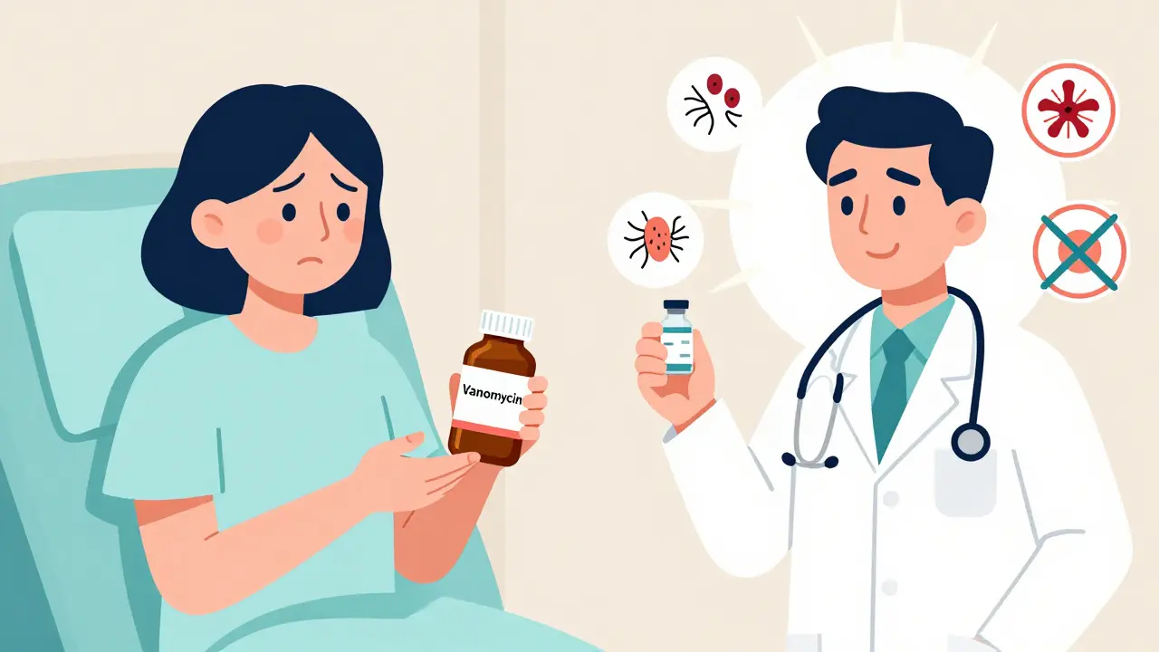 Split illustration of a patient receiving outdated vs. appropriate antibiotics, with symbolic icons of allergic reactions crossed out.
