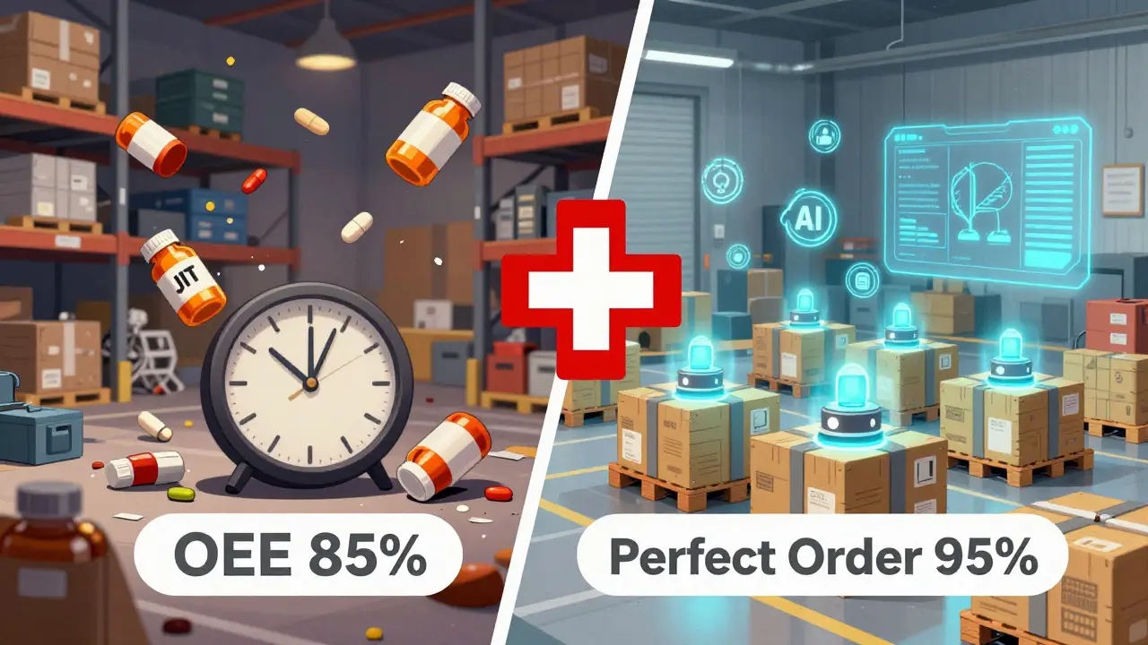 Split scene: chaotic just-in-time warehouse vs. organized system with IoT sensors and AI forecasts.