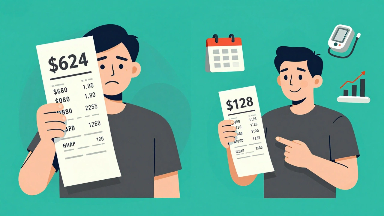 Split-screen showing high cost of brand drug versus low cost of generic with health icons