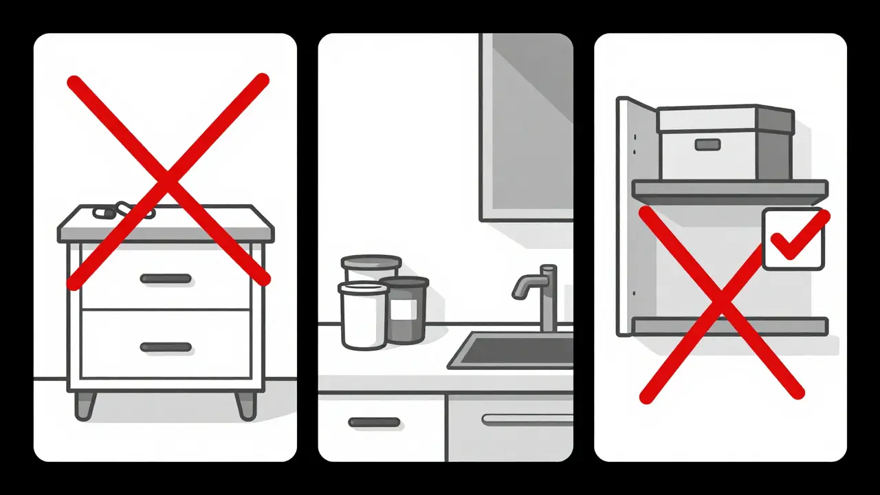 Three unsafe medication storage scenarios crossed out, one safe locked box with checkmark.