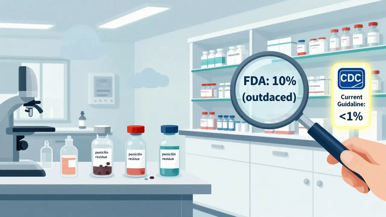 Timeline from 1970s contaminated lab to modern pharmacy, contrasting outdated FDA labels with current medical guidelines.