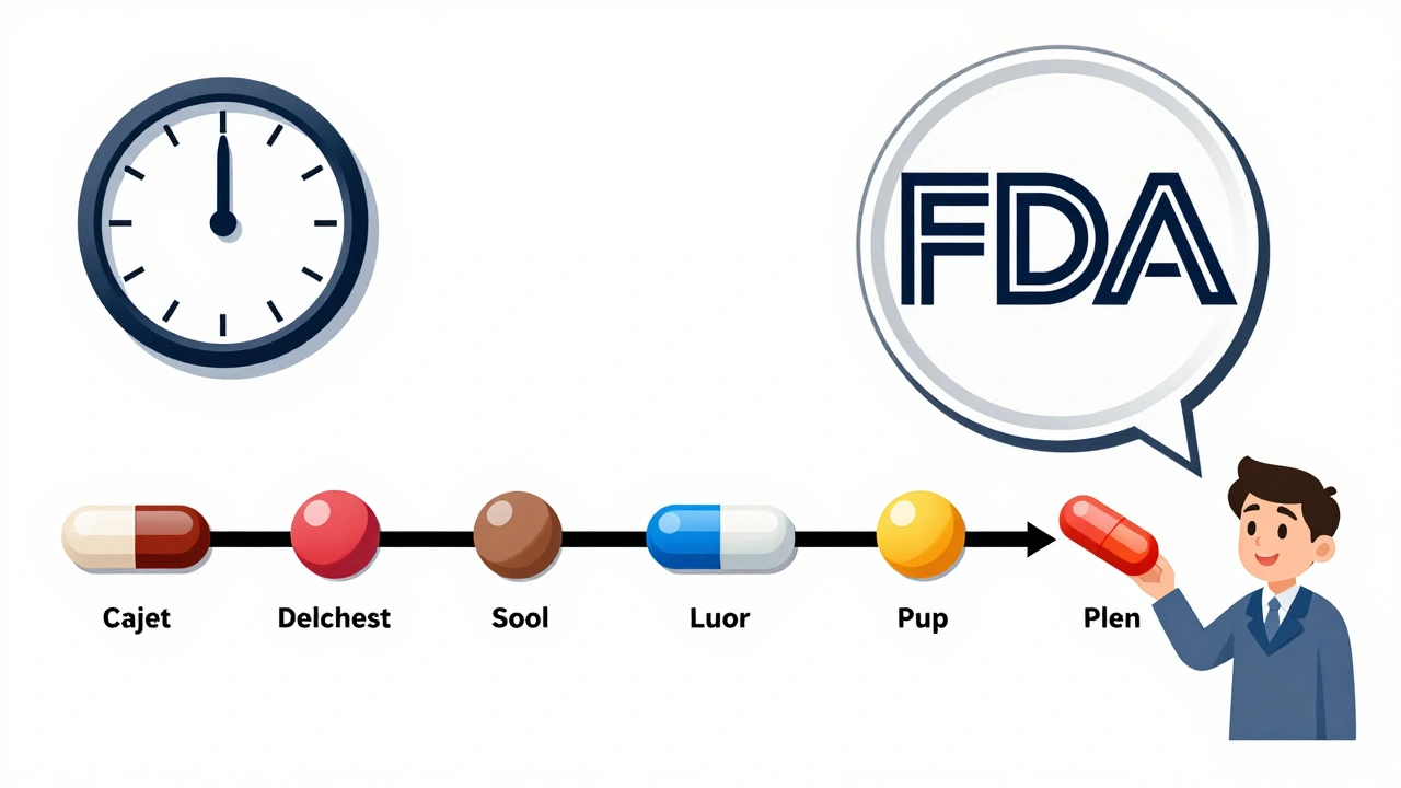 Timeline of patent expiration leading to varied generic pill designs under FDA oversight.