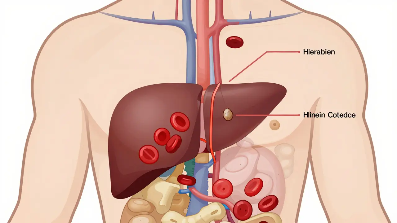 Transparent human torso showing liver, bile ducts, and blood flow with bilirubin production and blockage pathways.