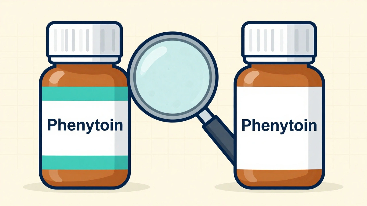 Two phenytoin pill bottles compared under a magnifying glass showing subtle formulation differences.