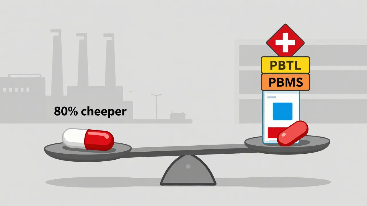 A balance scale with a cheap pill on one side and industry players on the other, showing pharmacy strain.