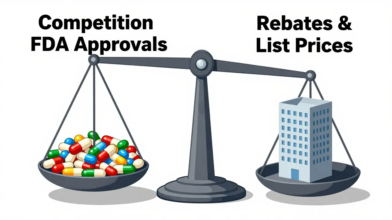 A balanced scale with generic pills on one side and a corporate drug tower on the other, symbolizing market competition.