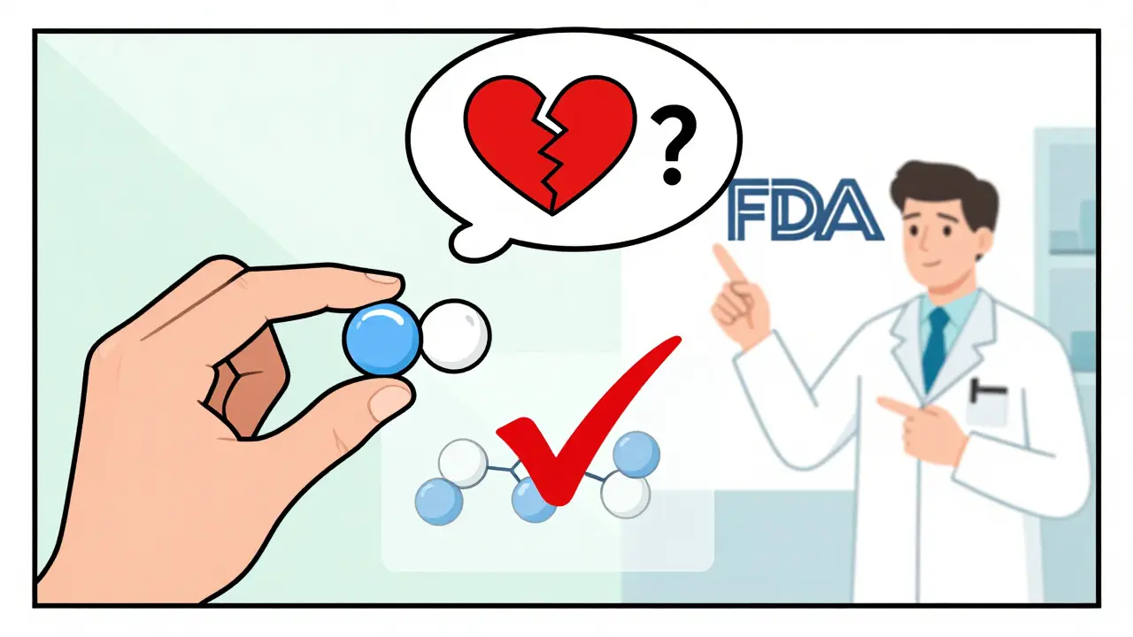 A patient holding different-colored pills with transparent chemical structures inside, balanced by a checkmark symbol.