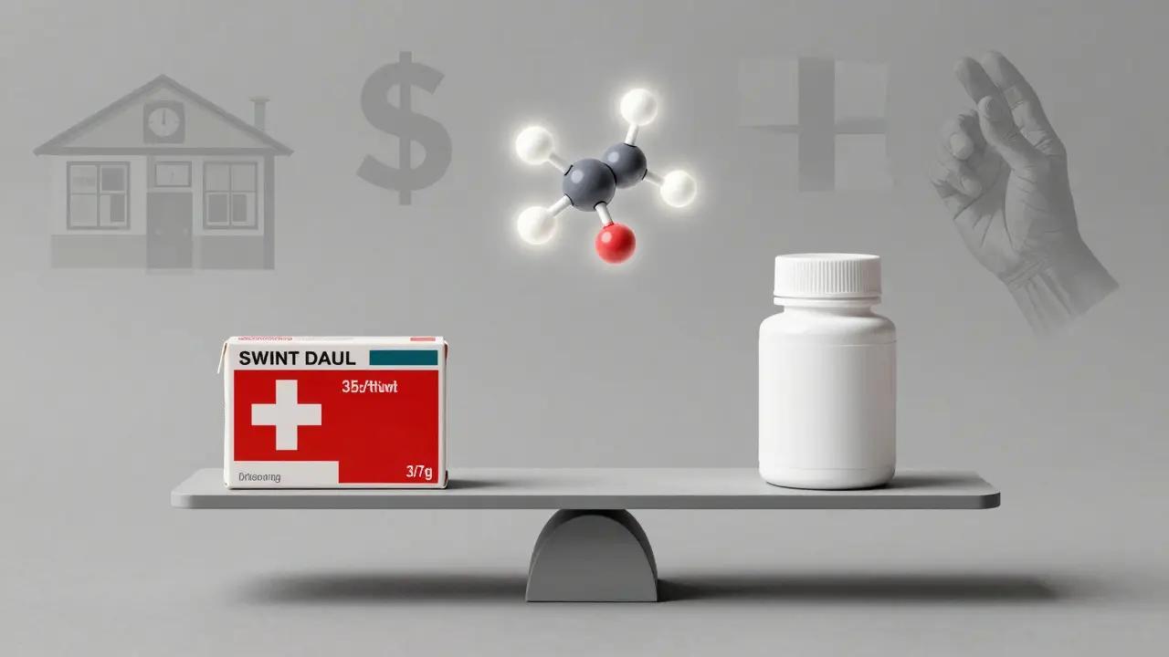A perfectly balanced scale with branded and generic drug packaging, surrounded by fading cultural symbols.