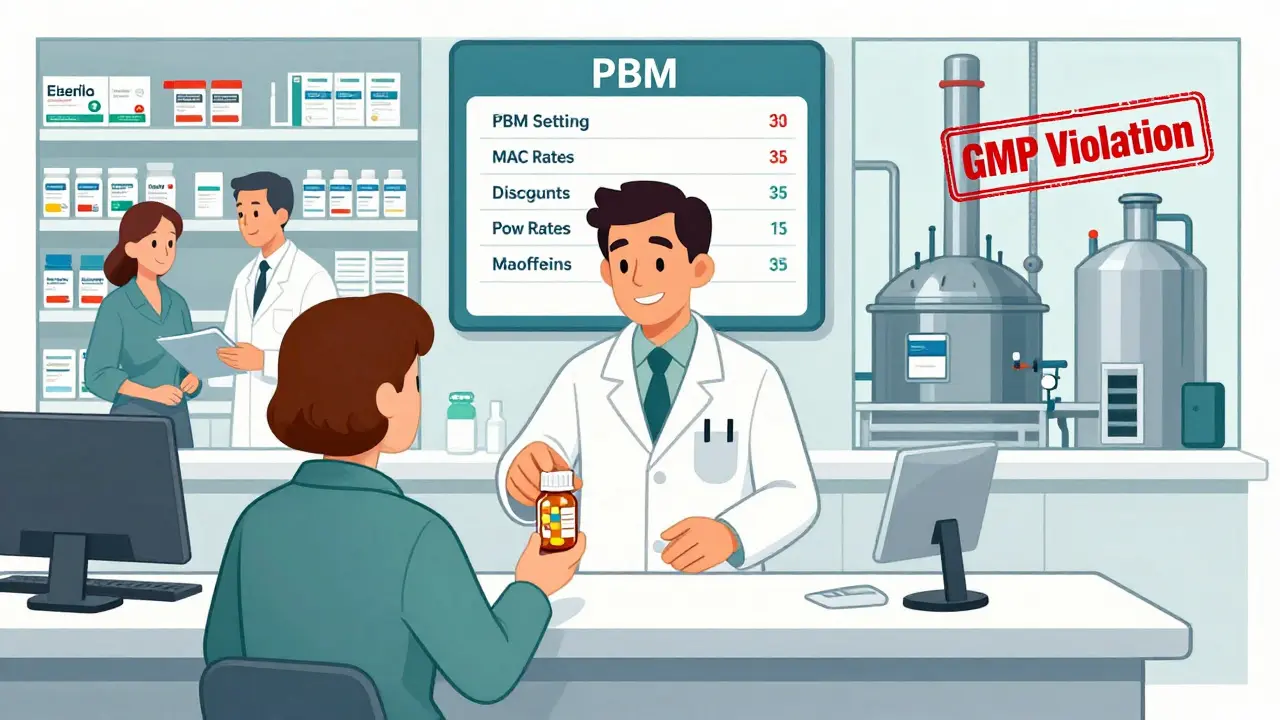 A pharmacy scene with hidden supply chain layers: wholesaler, PBM, and factory, illustrated in clean Swiss style.