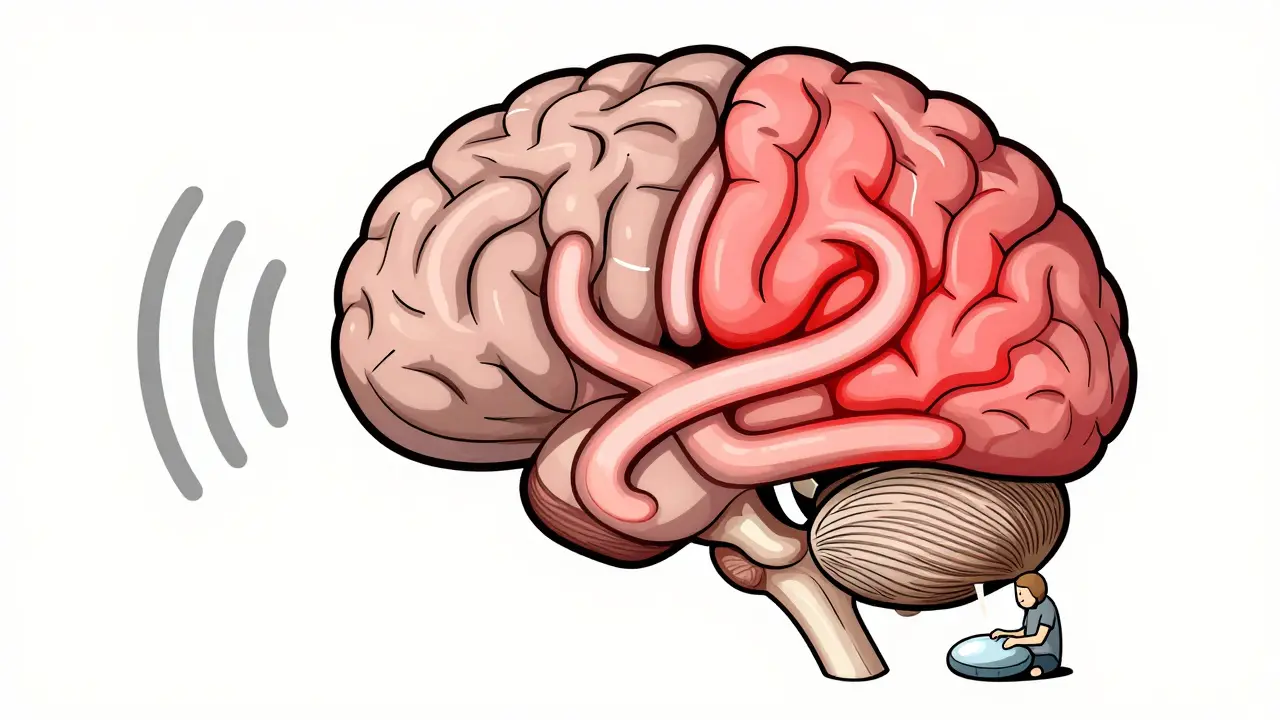 Brain with auditory and emotional pathways, sound waves calming the fear response.