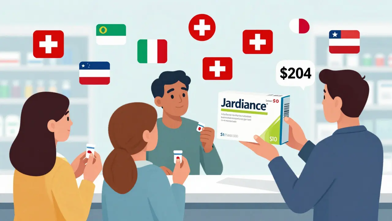 Customers at a pharmacy holding low-cost generics while one person struggles with a high-priced brand-name drug box.