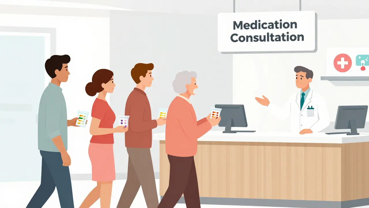 Diverse patients approaching a pharmacy counter for a medication consultation.