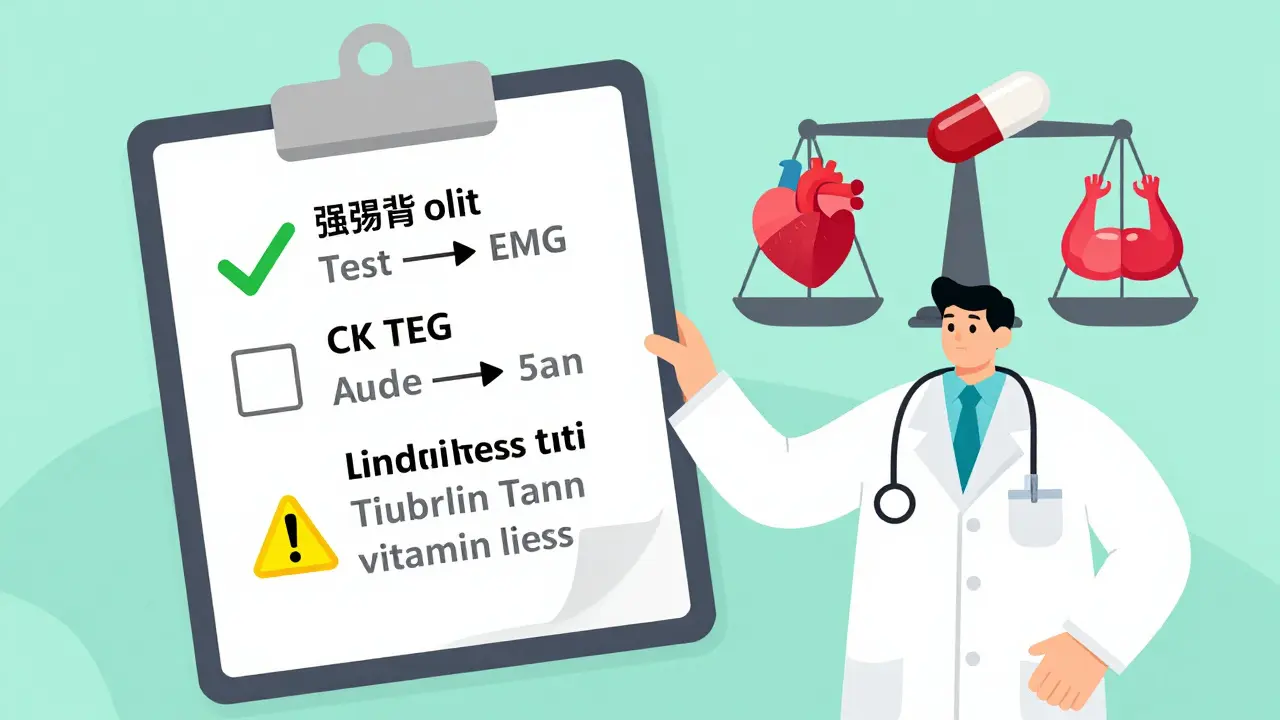 Doctor comparing diagnostic flowcharts for muscle vs nerve symptoms caused by statins, with heart and muscle icons in balance.