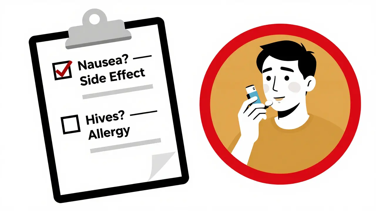 Doctor using a checklist to distinguish between common side effects and true allergic reactions in two patients.