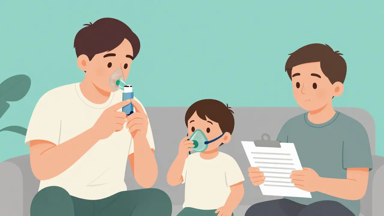 Family practicing asthma spacer technique at home with a toddler and older sibling.