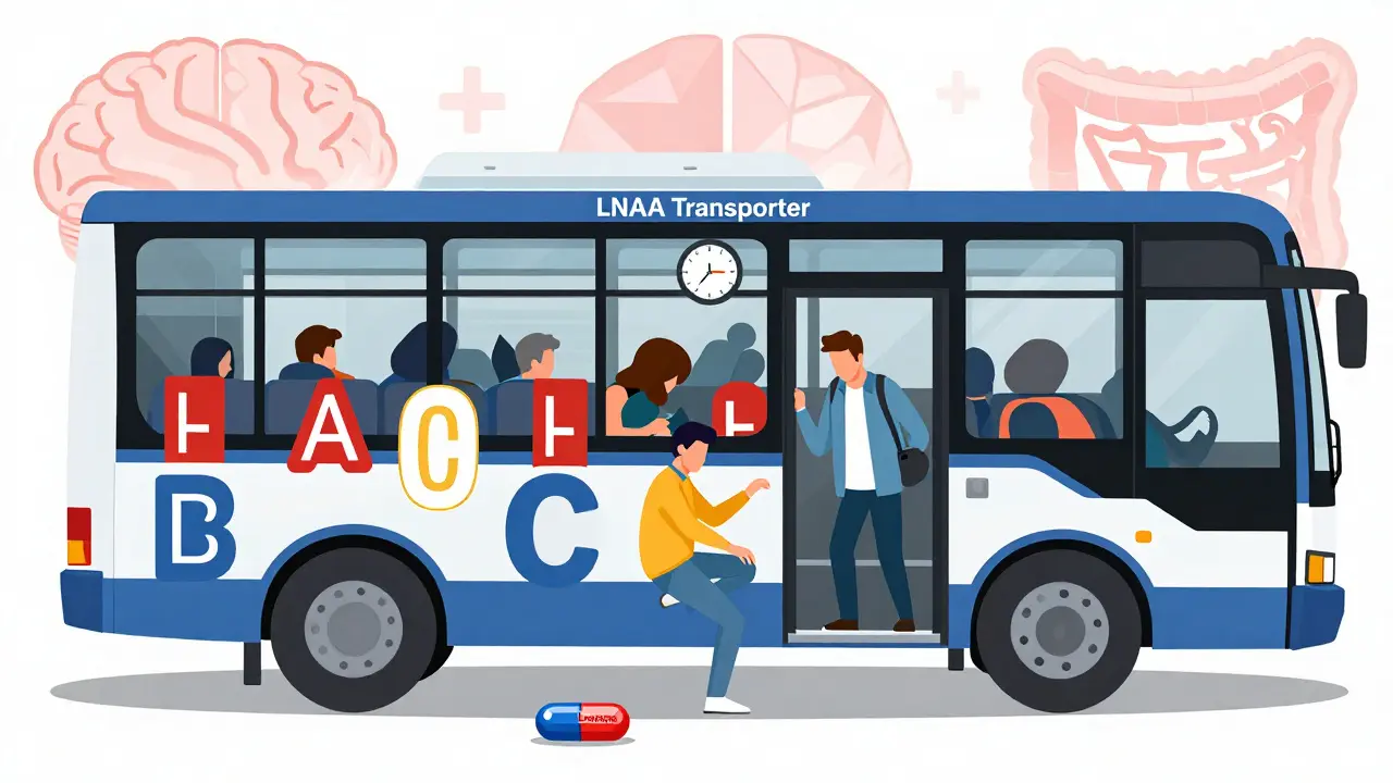 Levodopa pill struggling to board a bus crowded with amino acid symbols.