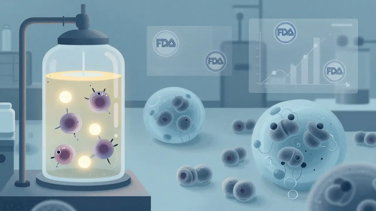 Living cells producing proteins under varying conditions with FDA approval elements.