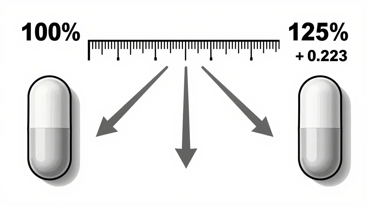 Logarithmic scale ruler with 80% and 125% marked symmetrically around 100%, flanked by two identical pills.