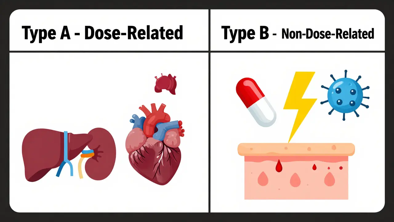 Medical chart comparing predictable dose-related effects with sudden, non-dose-related reactions using clean icons.