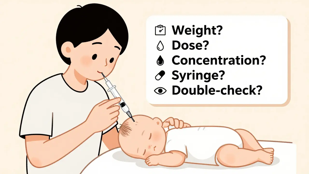 Parent using an oral syringe to give medicine to a sleeping baby, with a visual checklist nearby.