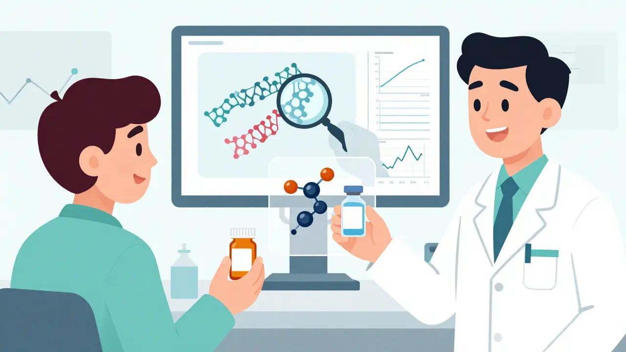 Patient and pharmacist exchanging biologic vials with molecular variation visualized.