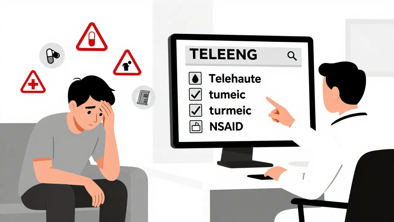 Patient feeling dizzy with warning icons for drug interactions, contrasted with a pharmacist identifying them on screen.