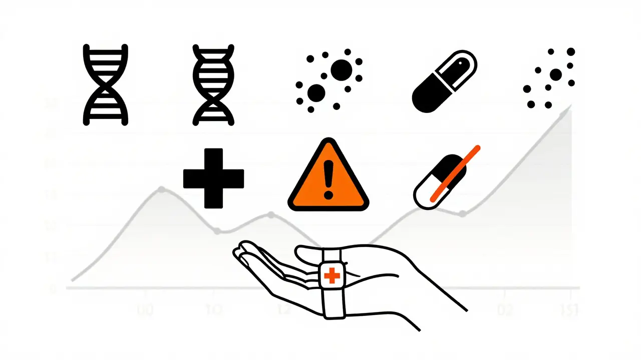 Person with medical bracelet surrounded by genetic and warning symbols in a balanced Swiss design layout.