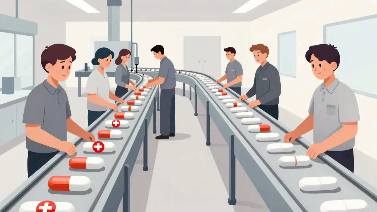 Pharmaceutical production line with two conveyor belts for branded and generic pills.