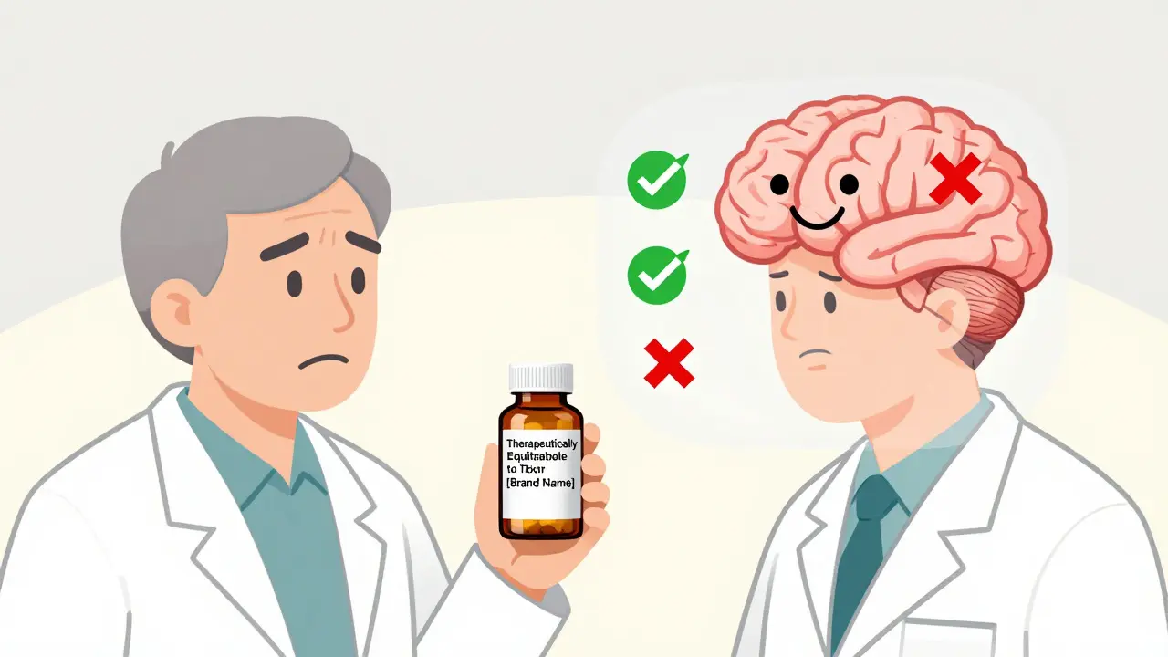 Pharmacist giving a pill bottle to an elderly patient, with brain overlay showing contrasting perceptions of generic vs. brand drugs.