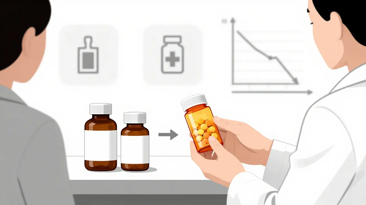 Pharmacist handing a prescription bottle to patient, two identical bottles visible on counter.