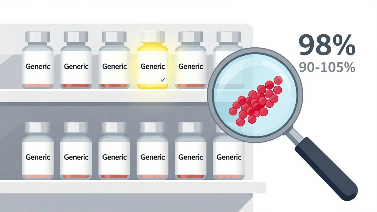 Pharmacy shelf with generic medication bottles, one highlighted with FDA checkmark and absorption data graph.