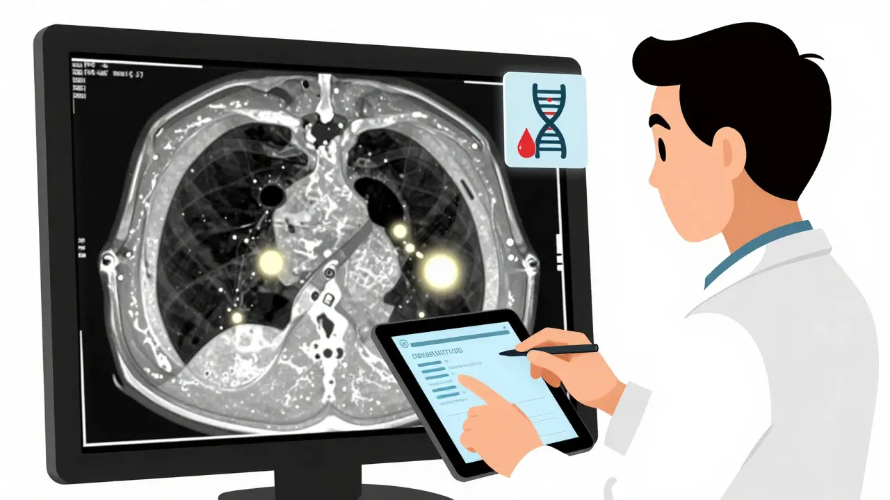 Radiologist reviewing lung scan with AI highlights and DNA blood drop icons, Swiss style