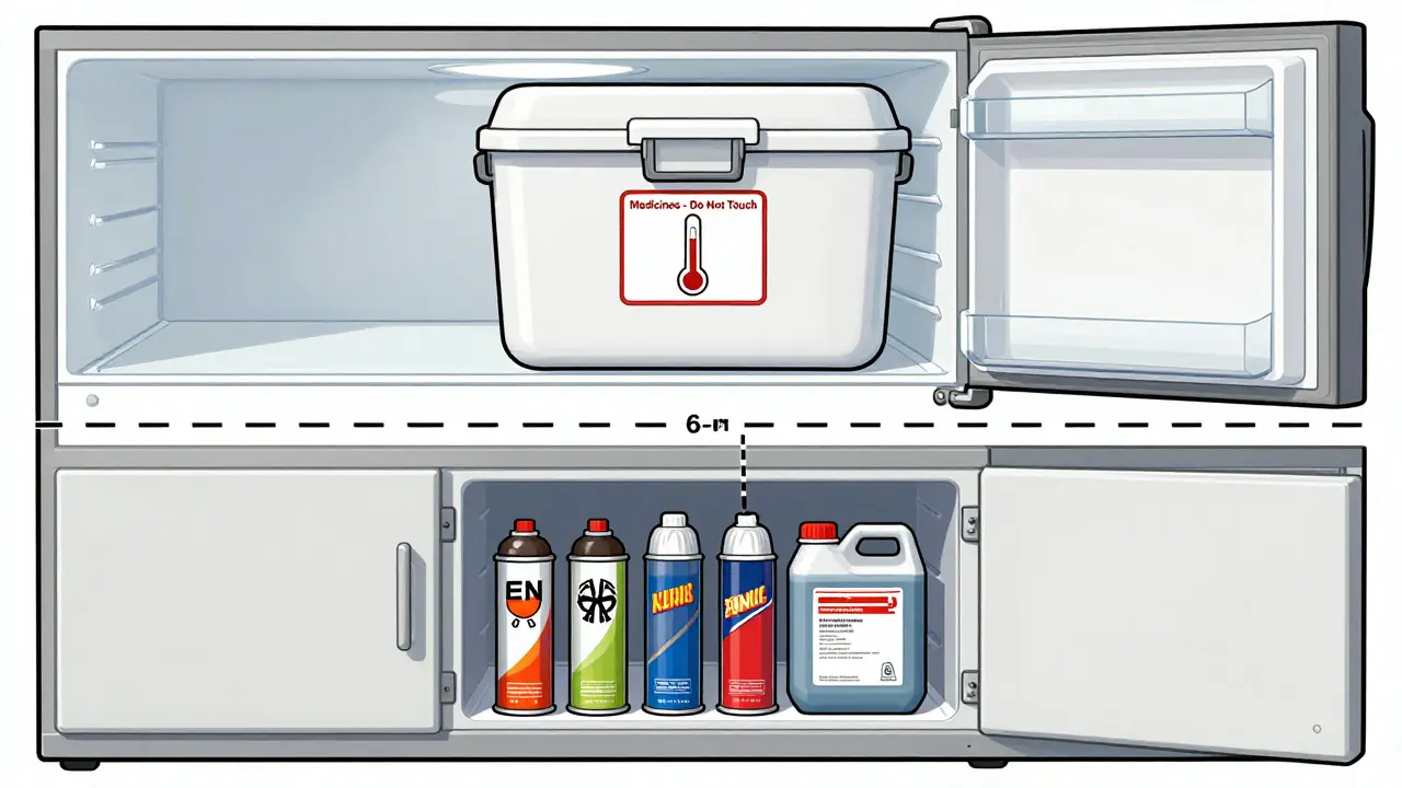 Refrigerator with sealed medicine bin above, ventilated garage cabinet below, 6-foot separation line.
