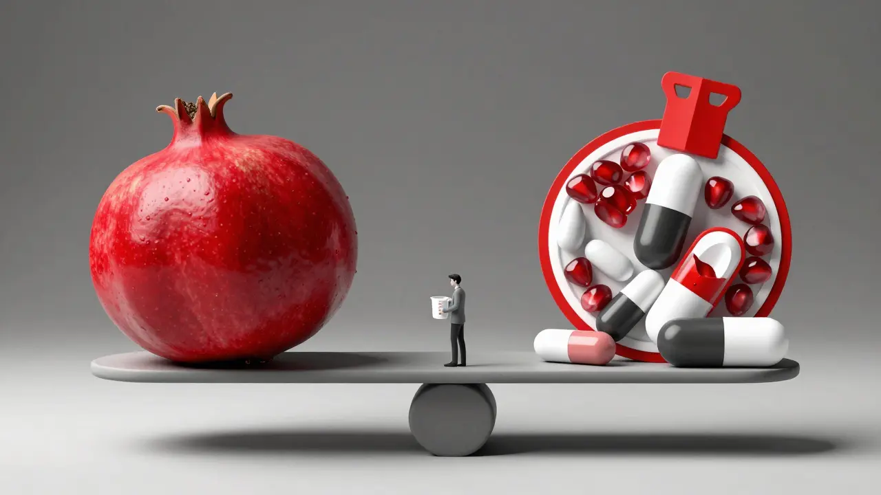 Scale balancing pomegranate and medications, with a person hesitating in minimalist Swiss design.