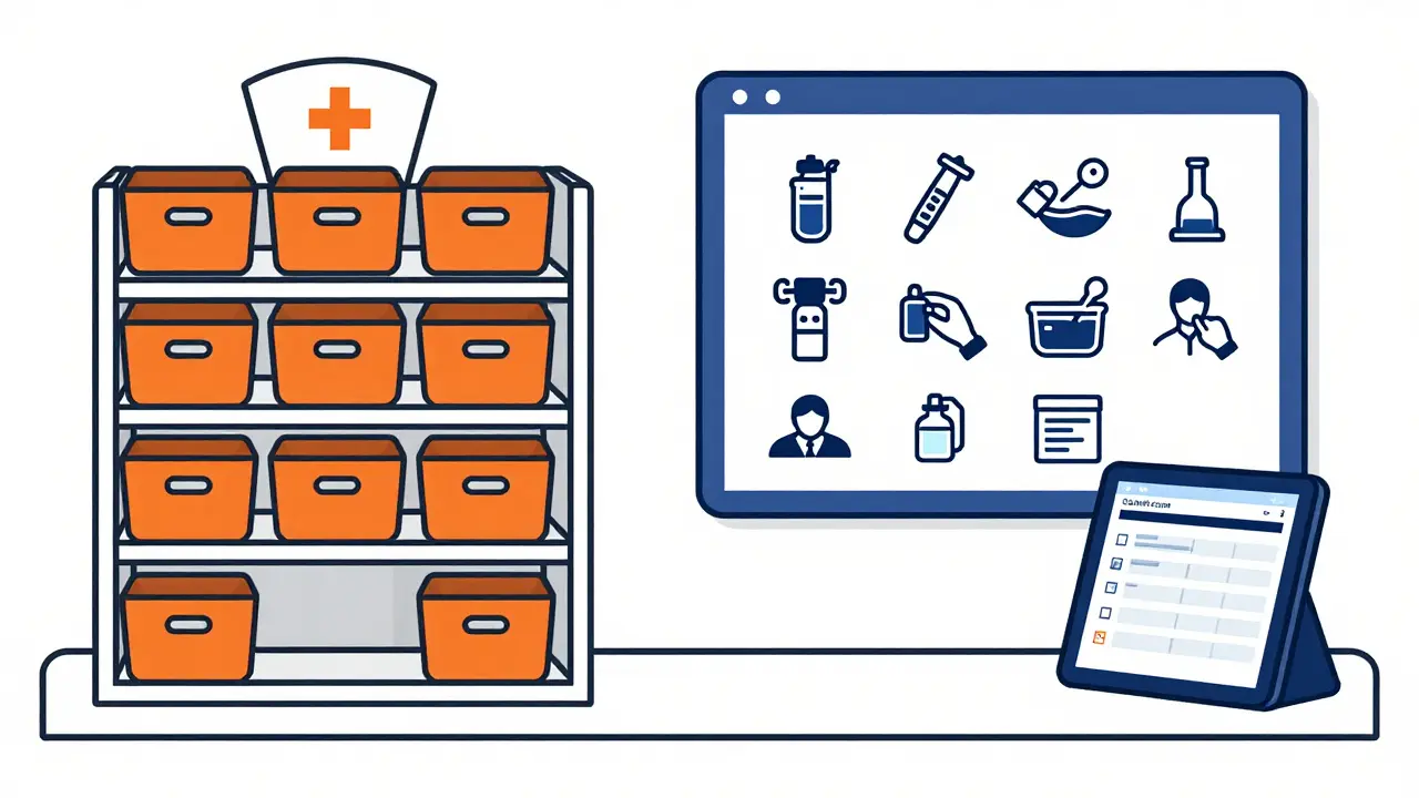 School nurse’s office with organized spacers and visual asthma care instructions.