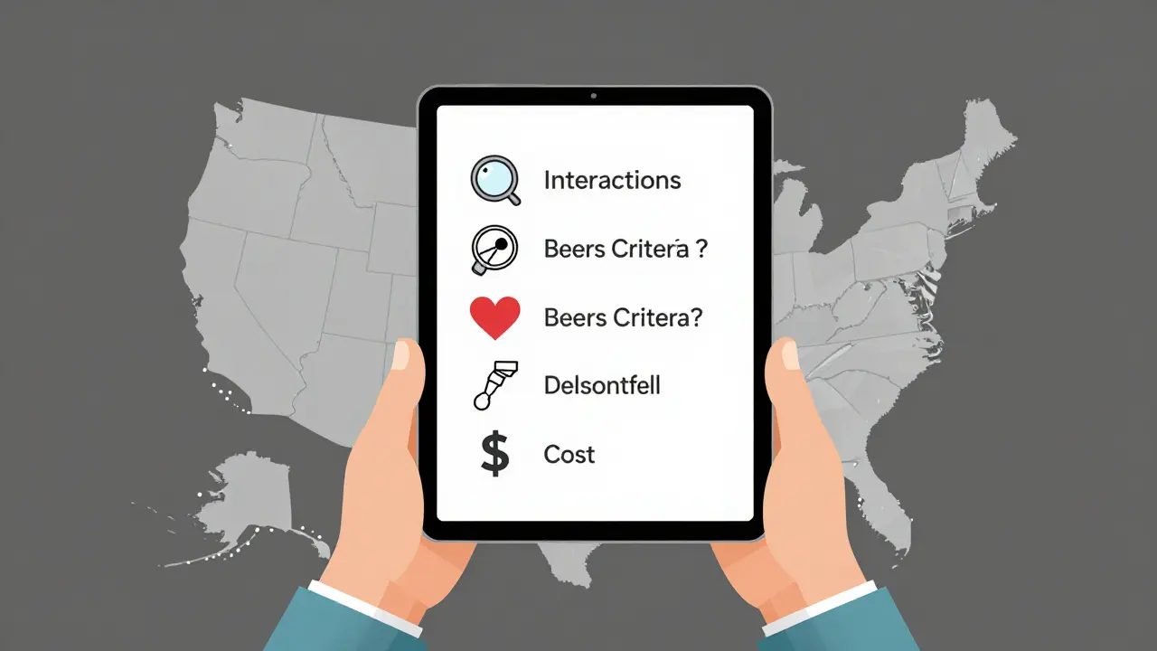 Seven critical questions for medication safety shown as icons above a patient using a tablet.