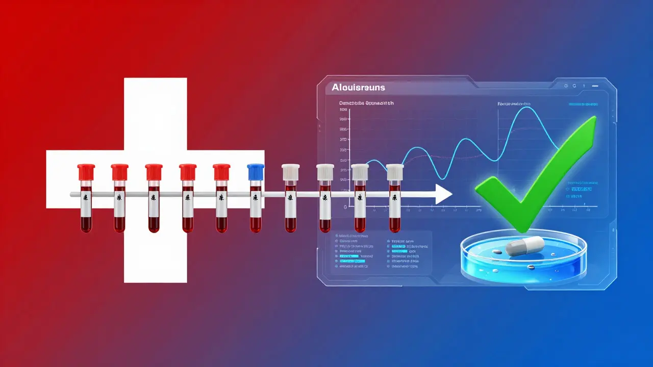 Side-by-side comparison of traditional human testing and modern AI-driven dissolution analysis in a clean, evolving pipeline.