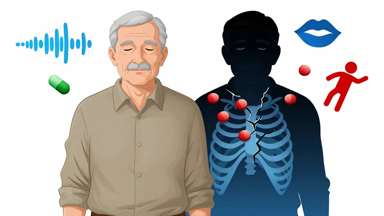 Split-body diagram showing healthy vs. overdosed state with warning signs of respiratory depression.