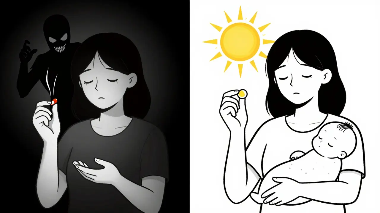 Split illustration: dangerous cold pill vs. safe antihistamine with baby sleeping peacefully.