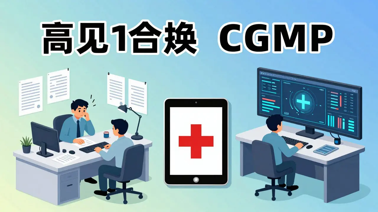 Split scene: cluttered paper records vs. digital dashboard, both ensuring drug quality.