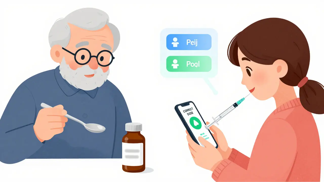 Split scene: grandparent using spoon vs. parent using smart syringe with phone confirmation.