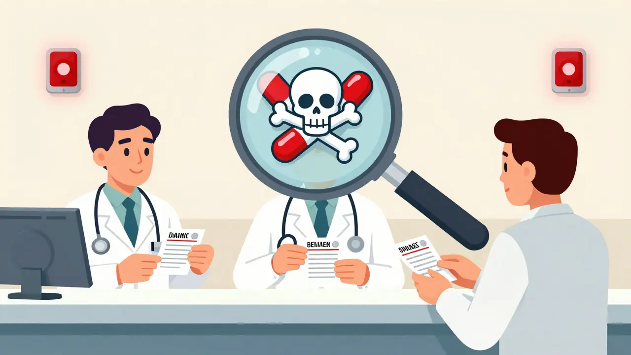 Three doctors handing sedative prescriptions to one patient, with hidden danger symbols revealed under magnifying glass.