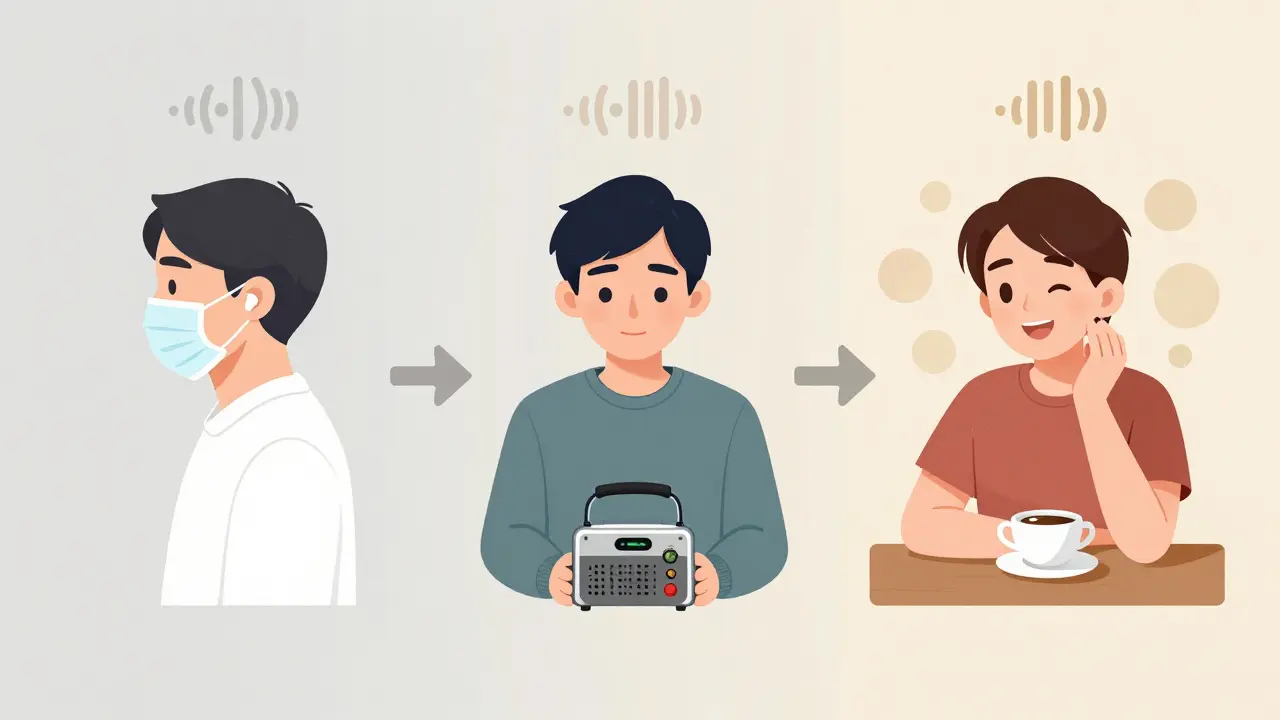 Three-panel timeline showing hyperacusis recovery from isolation to café comfort.