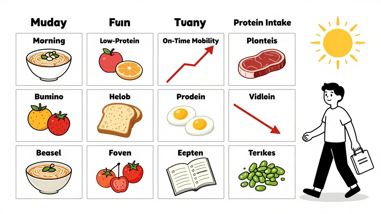 Weekly meal plan showing low-protein days and improved mobility with evening protein.
