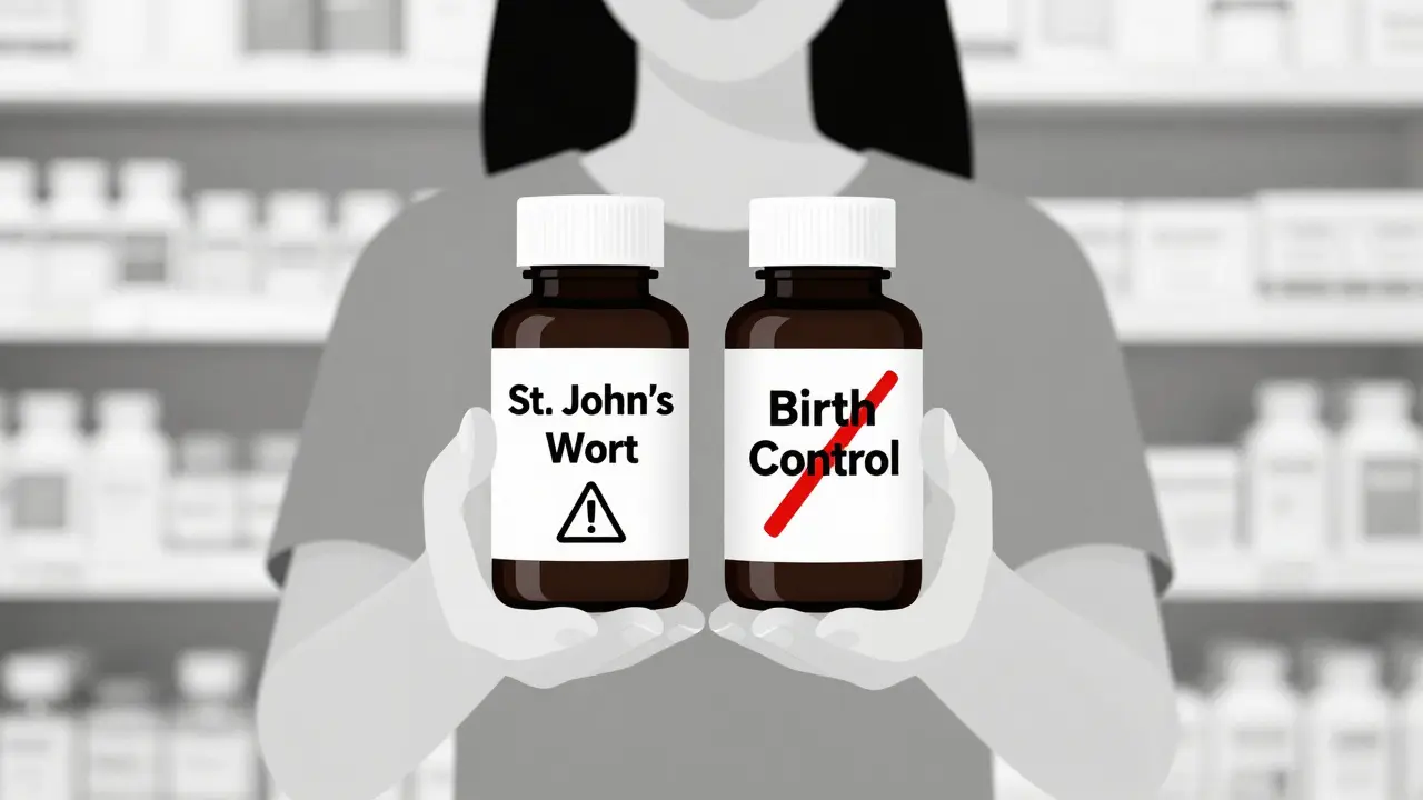 Woman holding St. John’s Wort and birth control bottles with a red slash between them