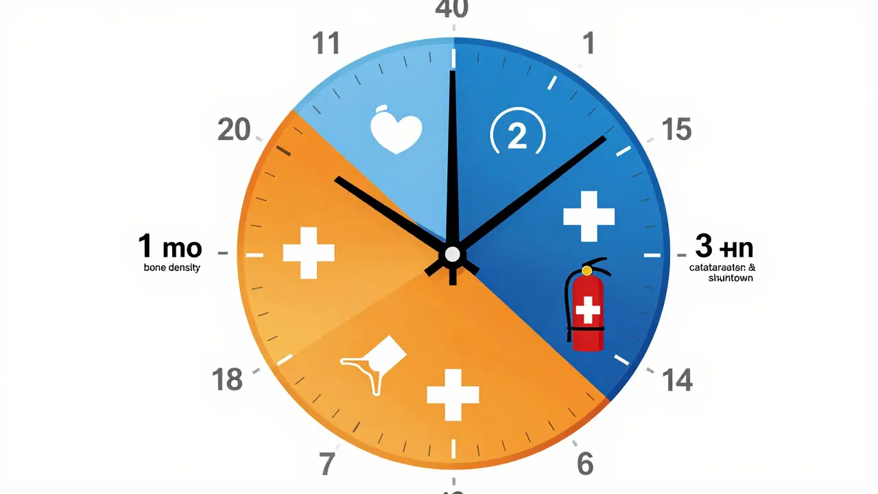 A clock showing escalating corticosteroid side effects over time with symbolic icons